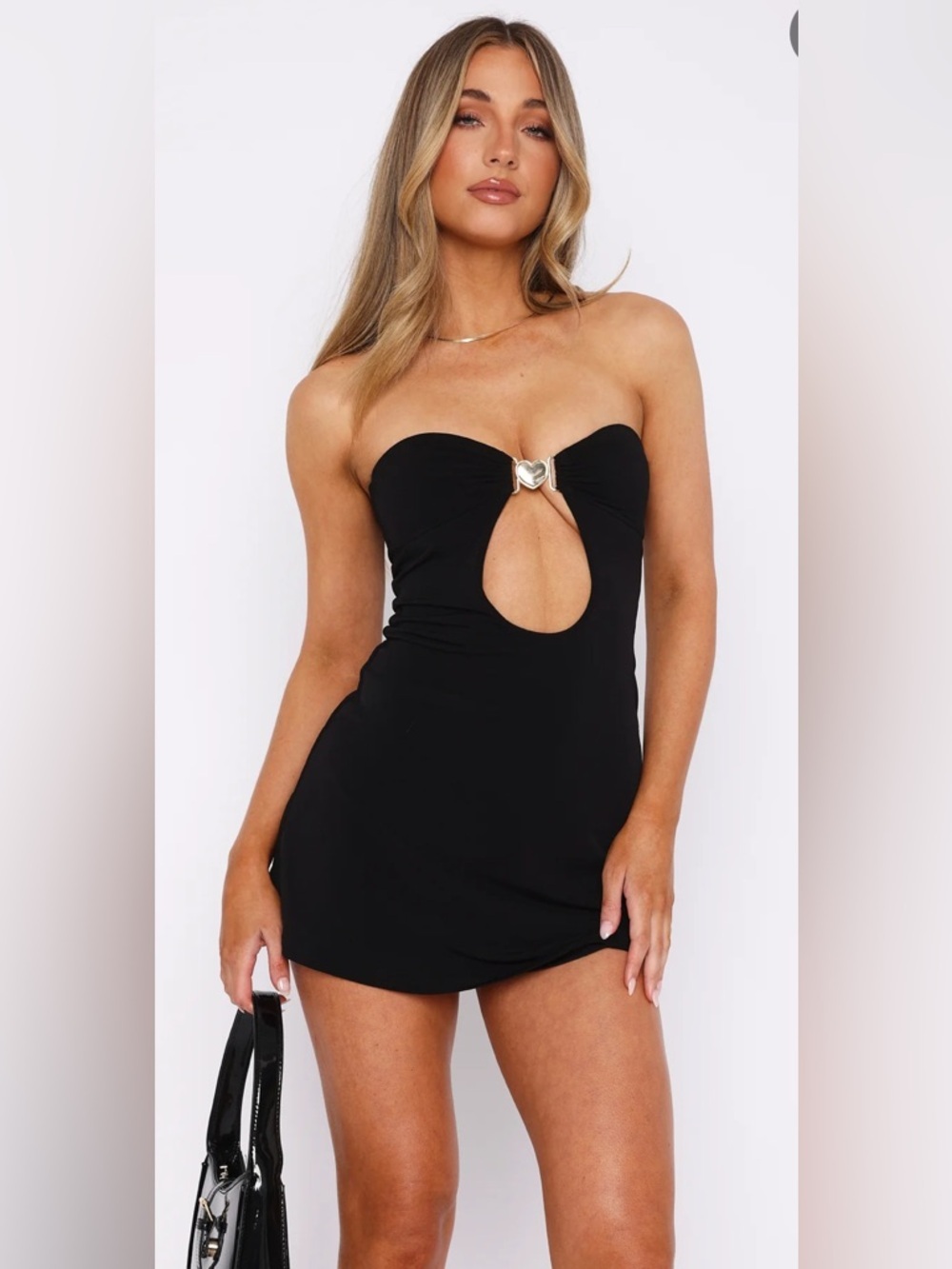 NWT White Fox Black Strapless Heart Hardware Cutout Mini Dress S